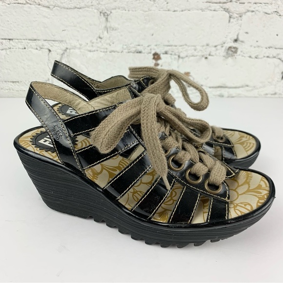 Fly London Yito Patent Black Leather Lace Up Wedge Sandals 36 - Picture 3 of 13